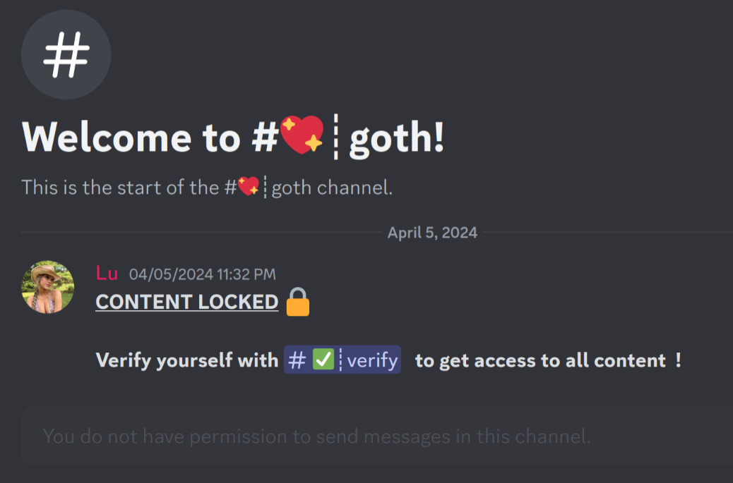 Screenshot of a Discord channel named '💖¦goth'. The viewer does 'not have permission to send messages in this channel'. The only message visible is one by 'Lu': 'CONTENT LOCKED 🔒 Verify yourself with #verify to get access to all content!'