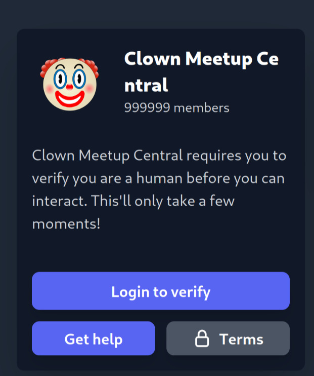 Screenshot of the same website as before, except shows a server named 'Clown Meetup Central' with a clown emoji picture and '999999' members.