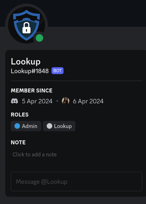 Screenshot of the Discord profile of a bot account named 'Lookup#1848'. It was created on April 5, joined the server on April 6 and uses the icon of 'captcha.bot'.