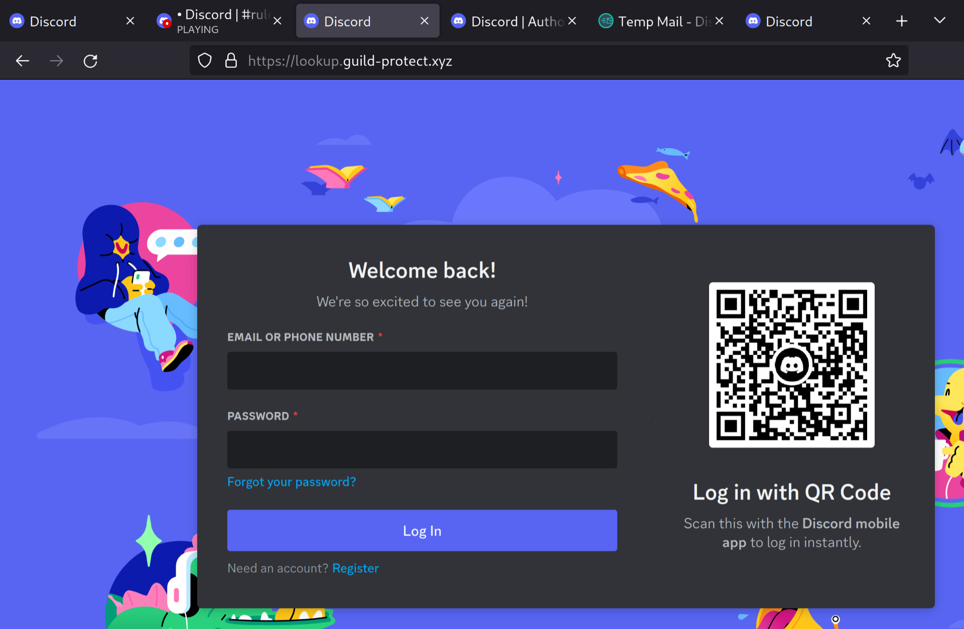 Screenshot of a replica of the Discord login page on the domain 'lookup.guild-protect.xyz'