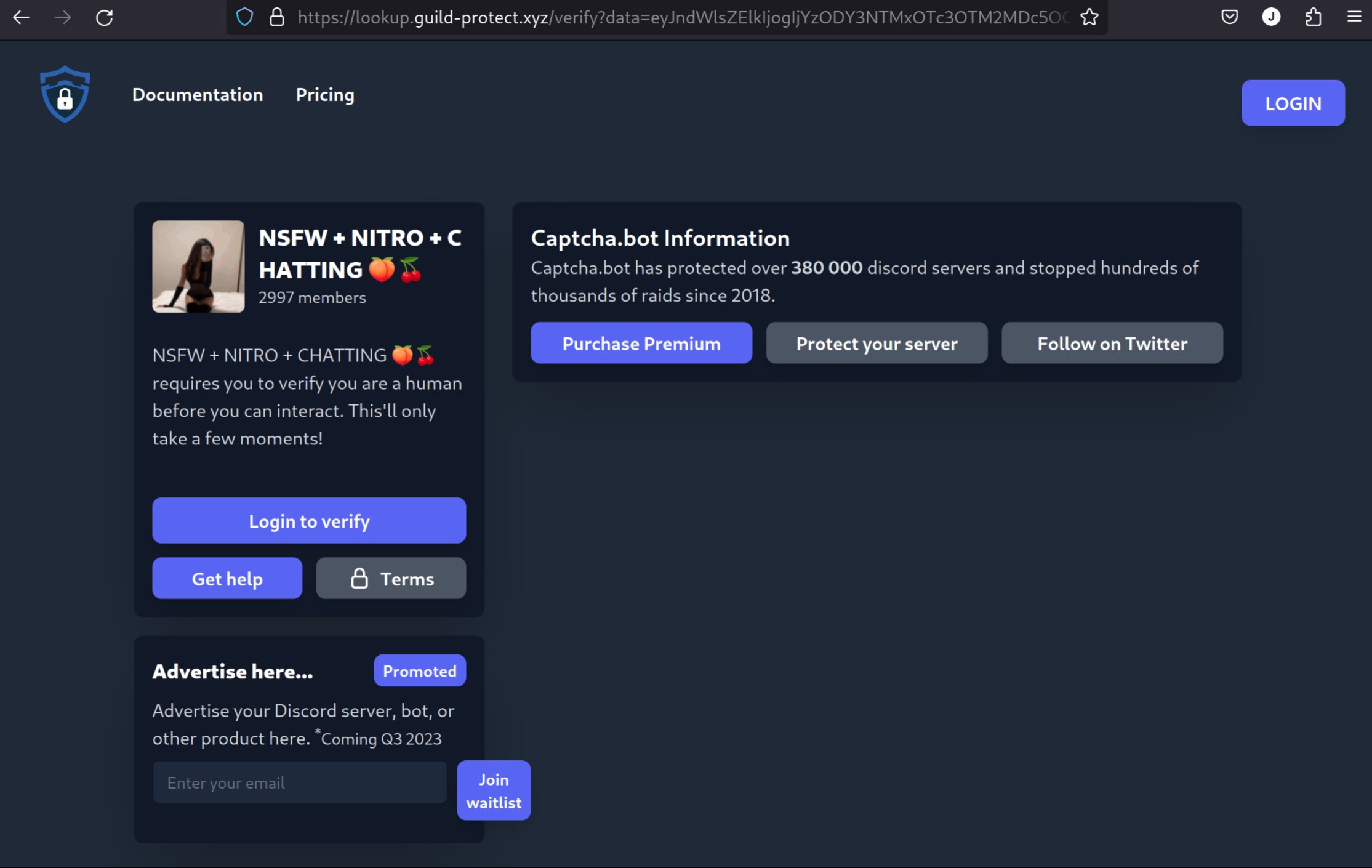Screenshot of a website with the URL 'lookup.guild-protect.xyz/verify?data=...'. It shows a copy of the 'captcha.bot' verification website, asking you to 'Login to verify' for the NSFW server.