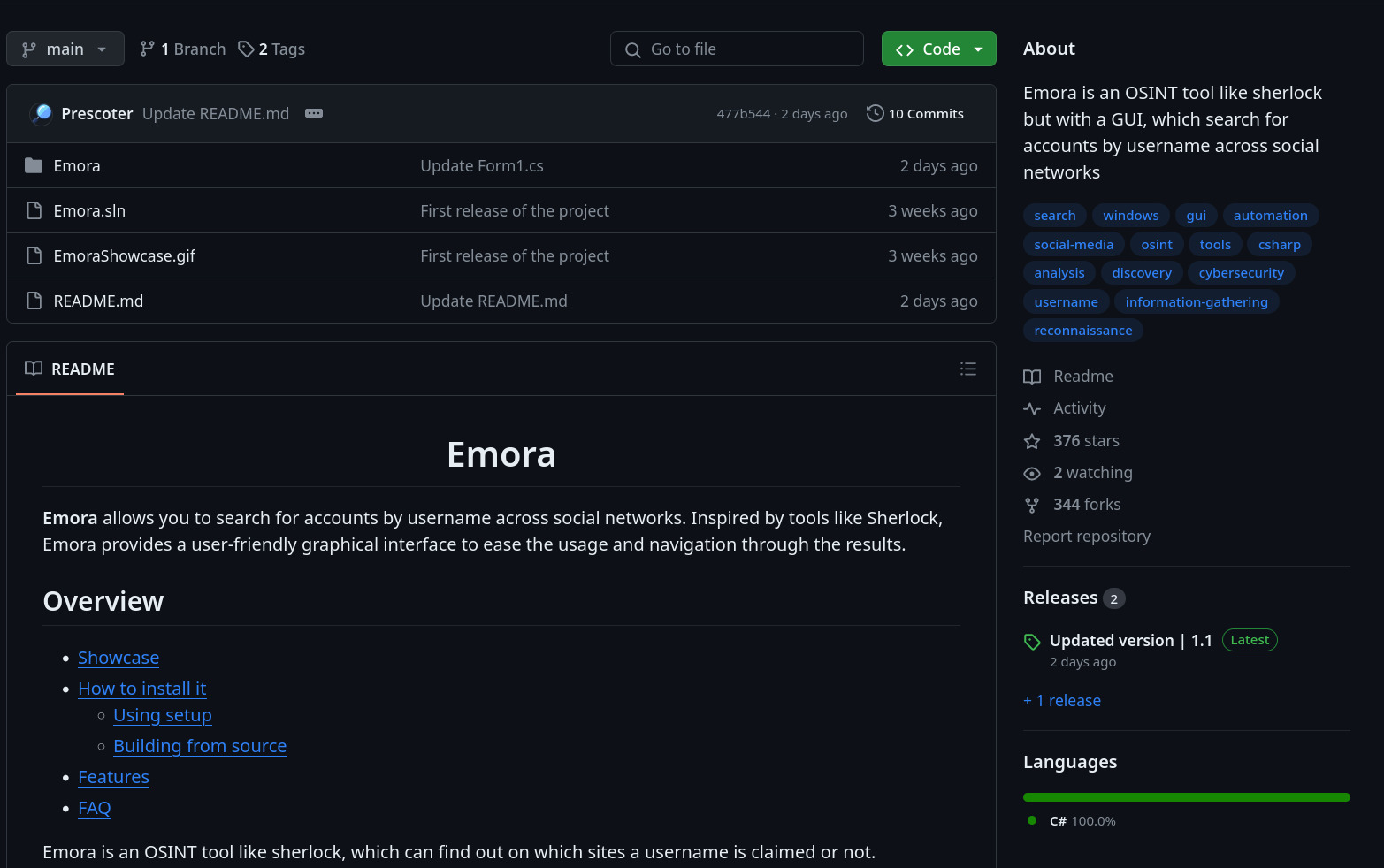 Screenshot of a repository on GitHub called 'Emora'. Its 'About' reads 'Emora is an OSINT tool like sherlock but with a GUI, which search for accounts by username across social networks' It has 10 commits created by user 'Prescoter' and 2 releases, the last one being from 2 days ago. The repo has 376 stars and 344 forks.
