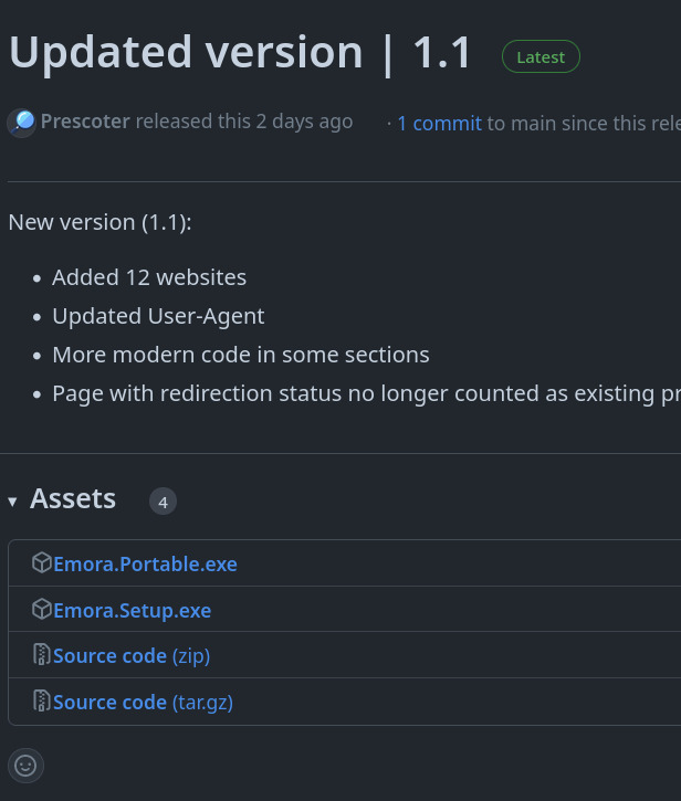 Screenshot of a GitHub release containing two exe files as assets, 'Emora.Portable.exe' and 'Emora.Setup.exe'