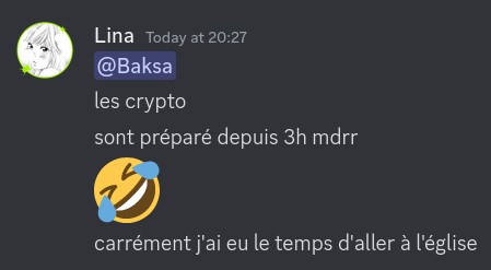 Screenshot of a Discord message in French by a user named 'Lina' telling the scammer they've been waiting (and going to church)