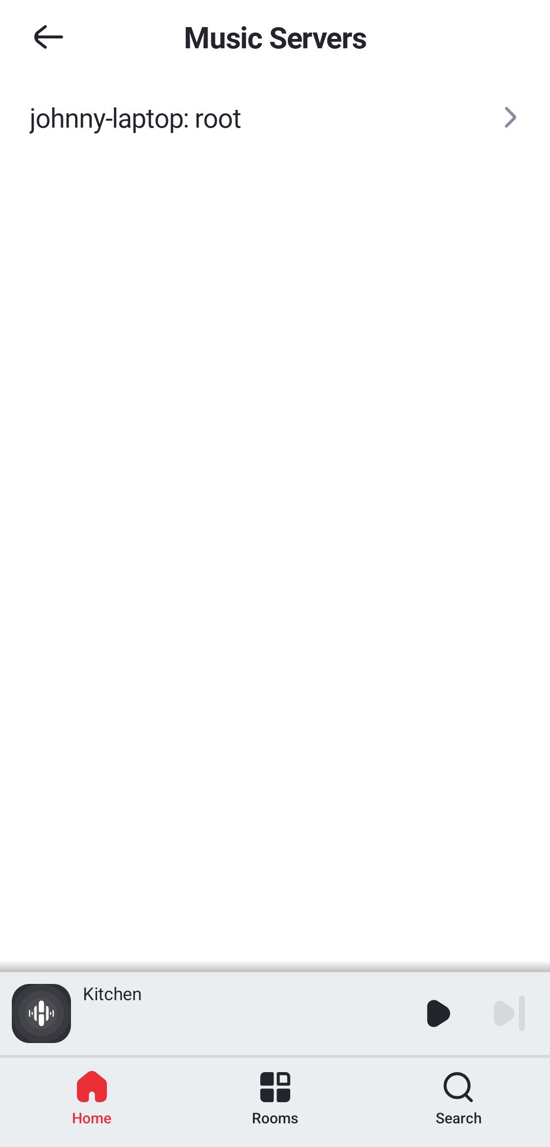List of 'Music Servers' in the HEOS app displaying one called 'johnny-laptop'