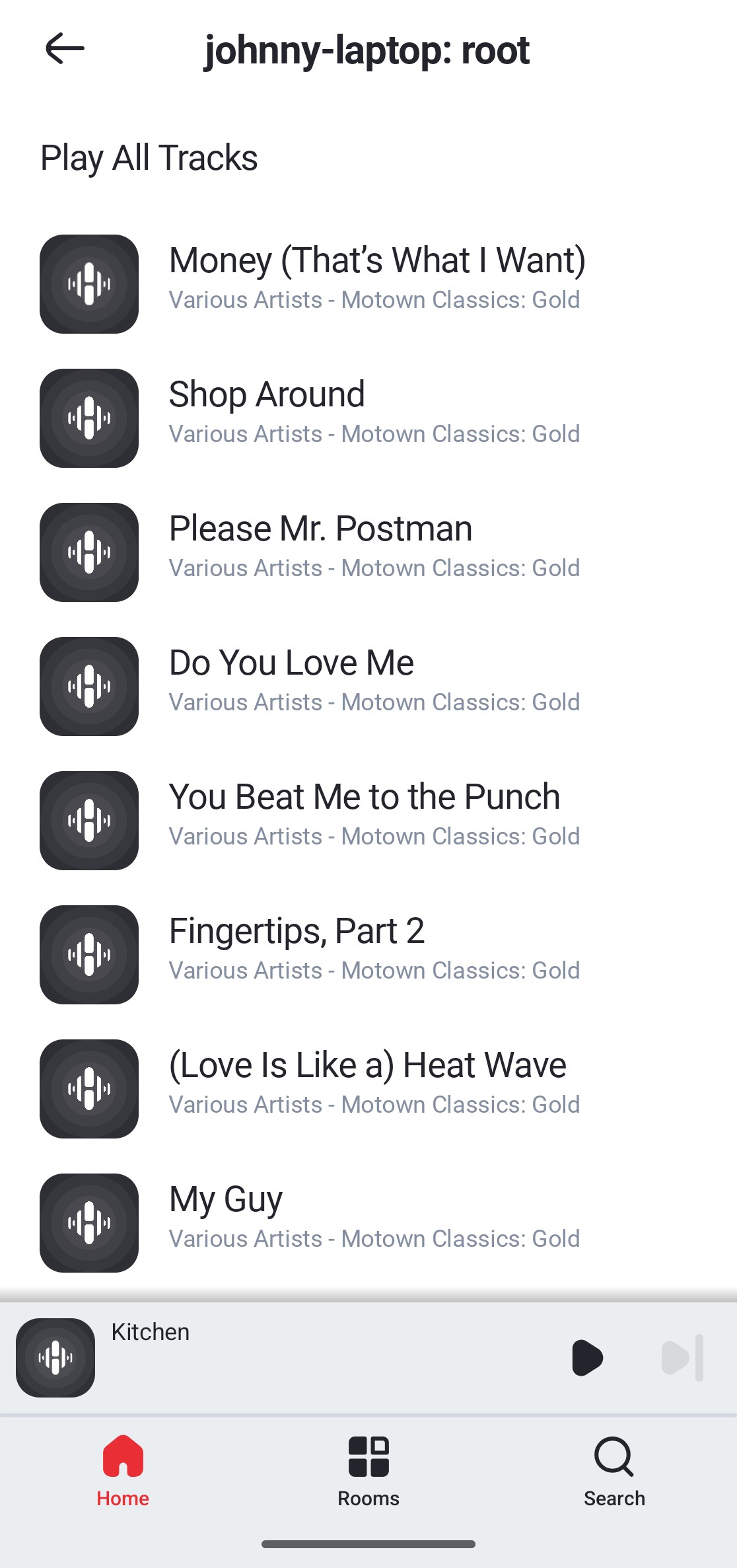 List of tracks available on the 'johnny-laptop' music server in the HEOS app