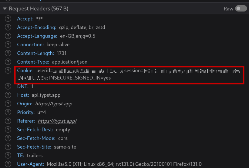 Request view in the firefox developer tools window. There's a list of standard HTTP request headers, with the header "Cookie" highlighted